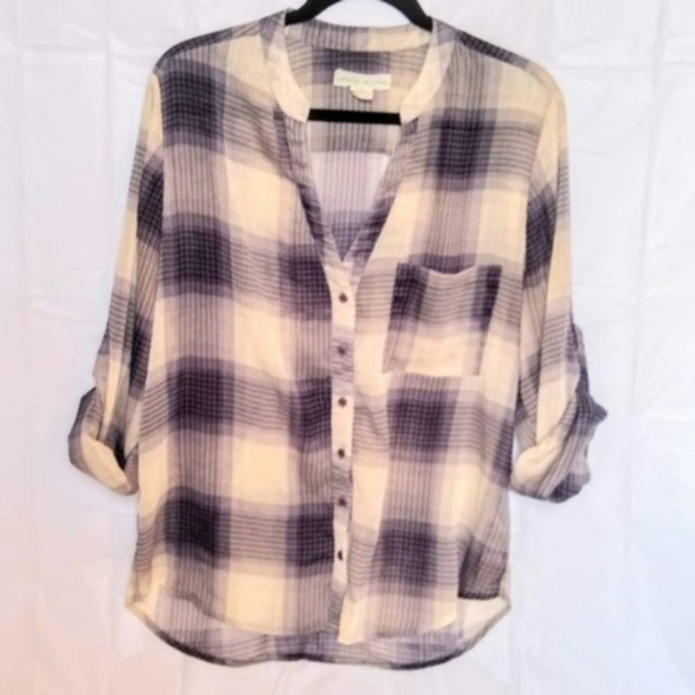 UO Staring at Stars Sheer Buffalo Plaid Blouse